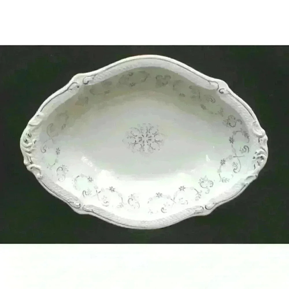 Antique Grindley 10" Oval Serving Bowl Clytie Blue White Floral Scroll Gold Rim